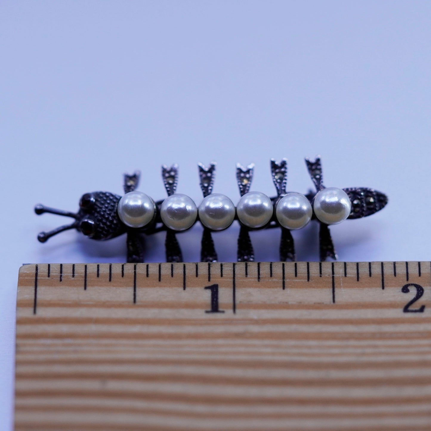 sterling silver handmade brooch, 925 Caterpillar pin with marcasite and pearl