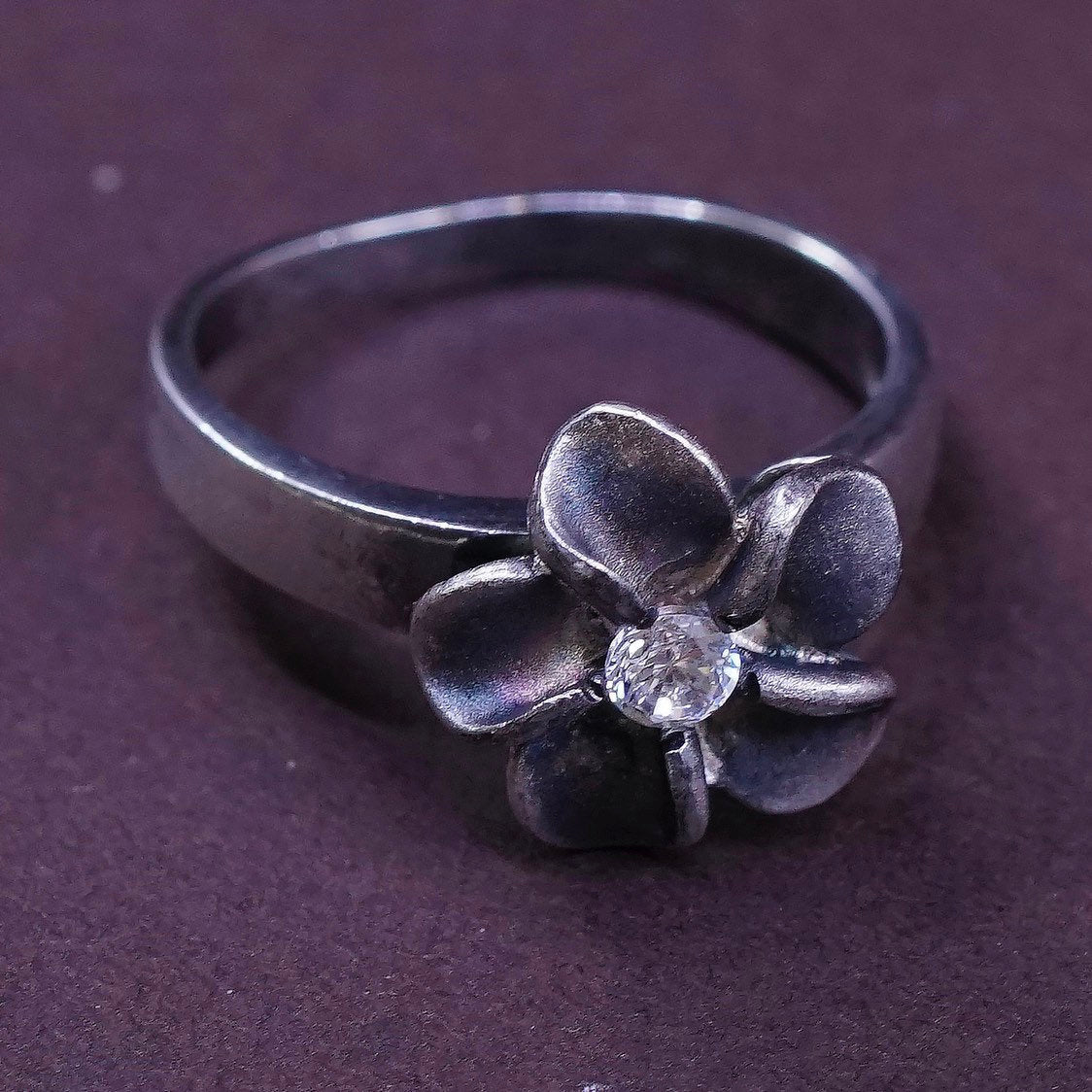 sz 5, vtg Sterling silver flower ring, modern 925 w/ Cz
