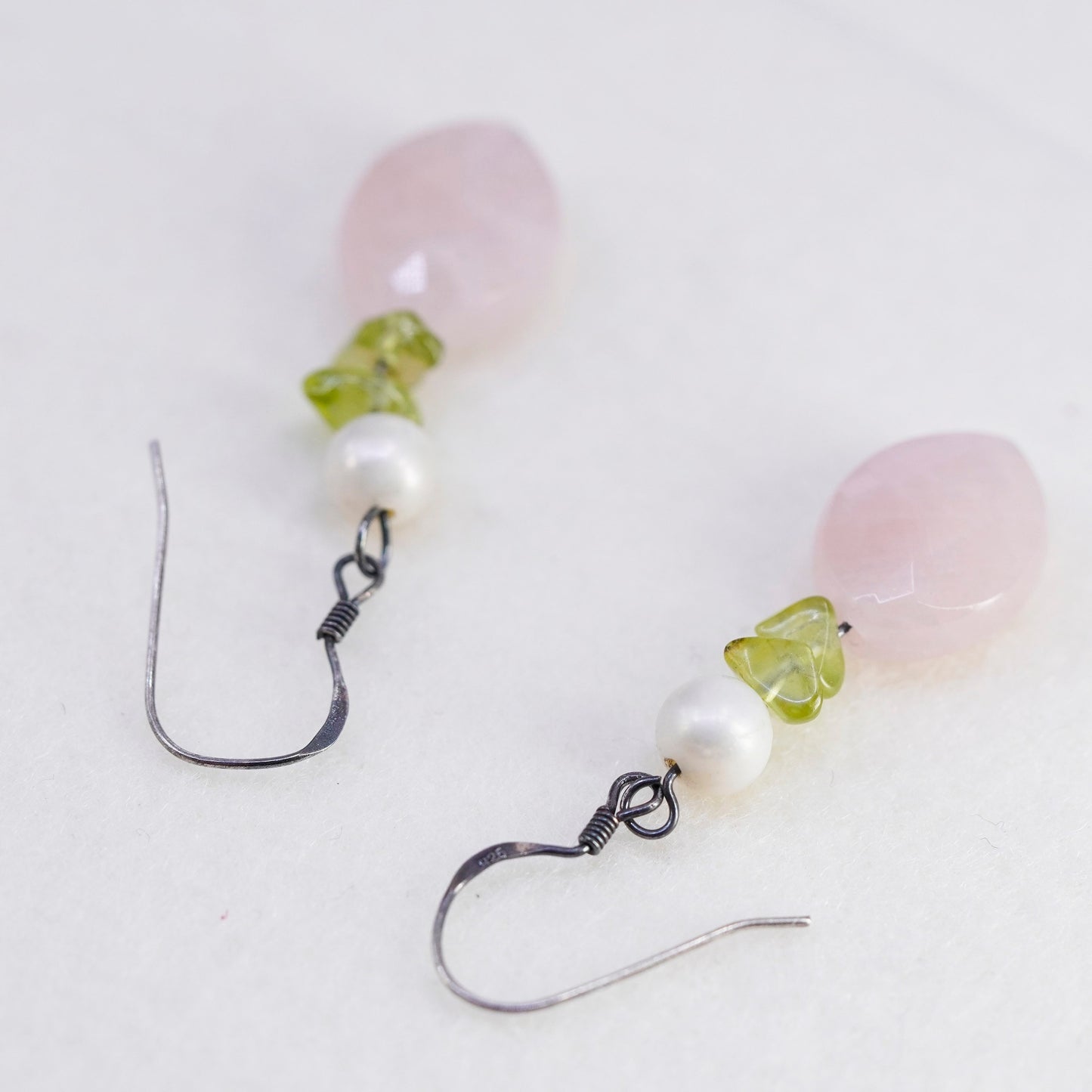 Vintage Sterling 925 silver handmade earrings with pink rose quartz