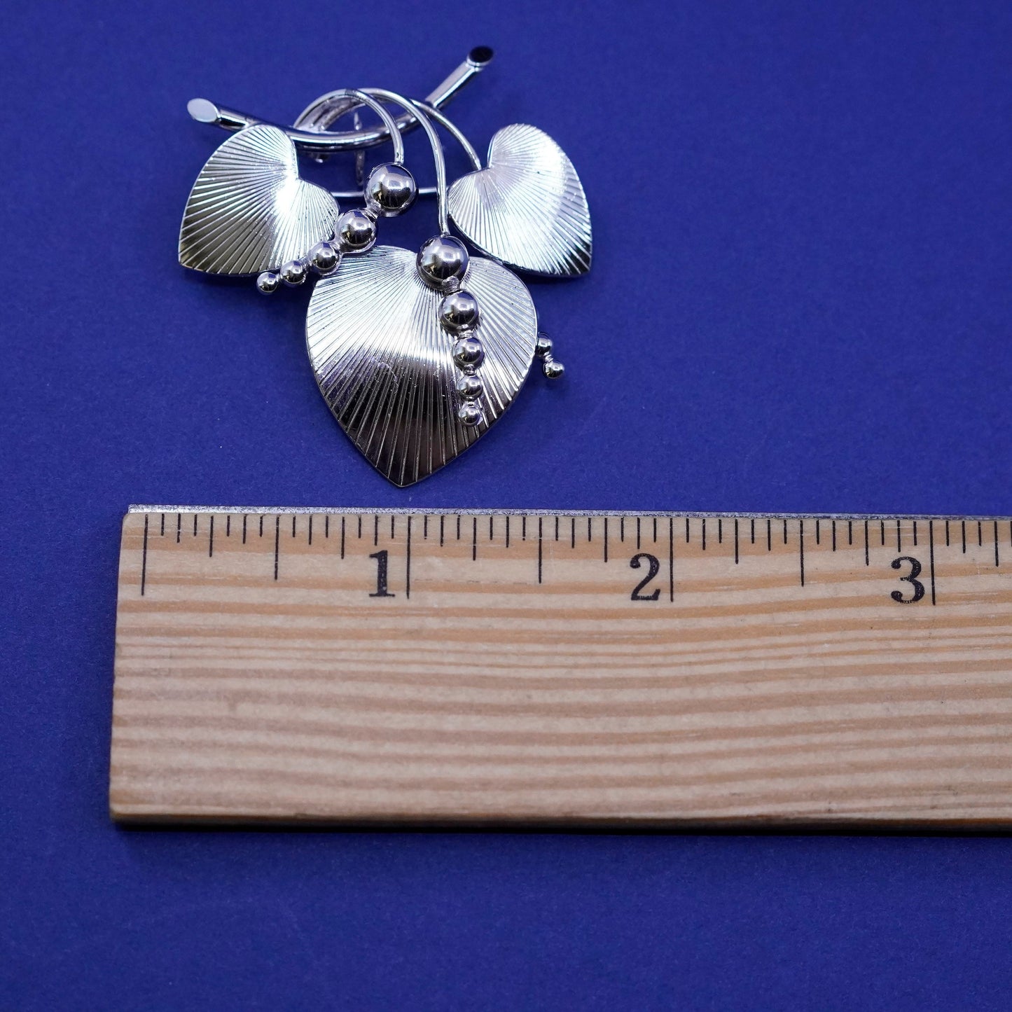 Vintage 1950s sterling silver brooch, 925 modern leaf pin with beads