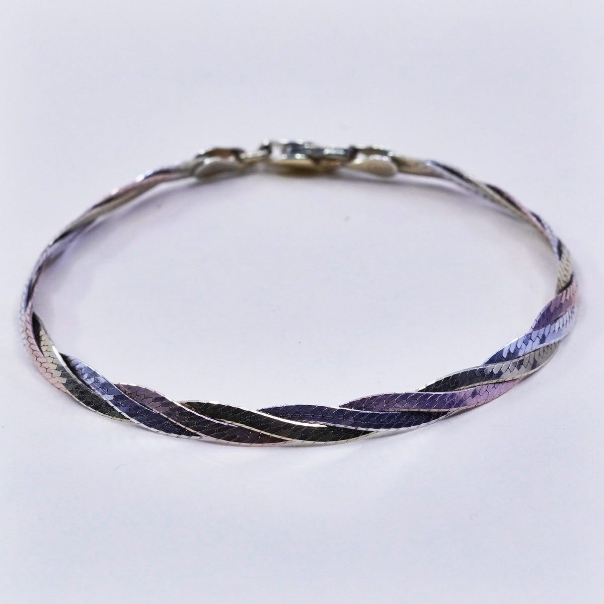 7”, vermeil gold sterling silver bracelet, triple tone 925 herringbone chain