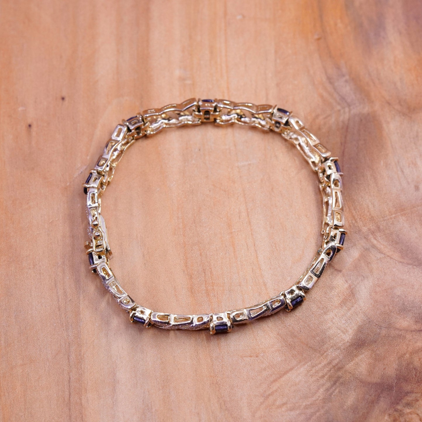 7”, vermeil gold over Sterling silver tennis bracelet with diamond and sapphire