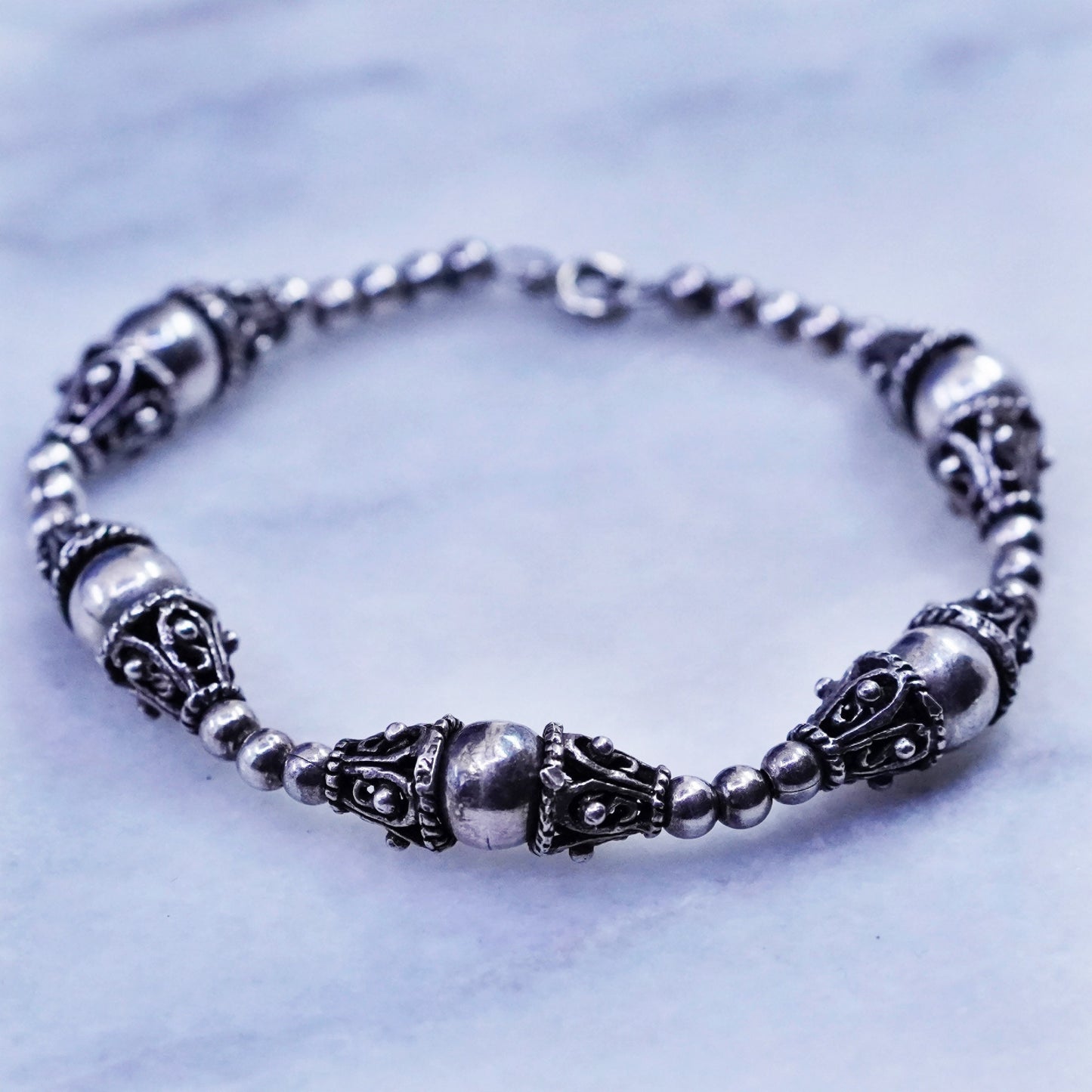 7”, vintage sterling 925 silver handmade bracelet with bali beads