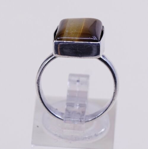 Sz 5.75, Vintage Handmade Sterling Silver Ring W/ Golden Tiger Eye, Stamped 925