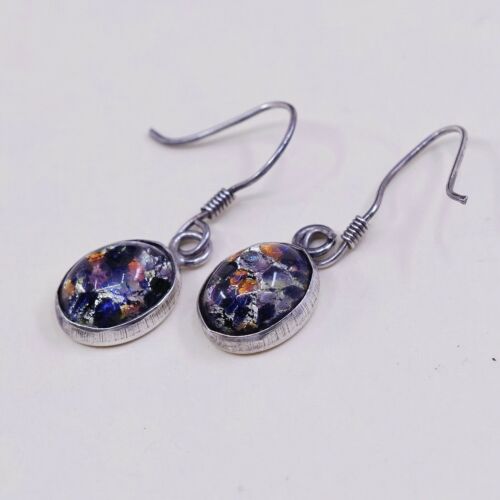 Vintage simple handmade Sterling 925 Silver Earrings w/ Green Foiled Glass Inlay