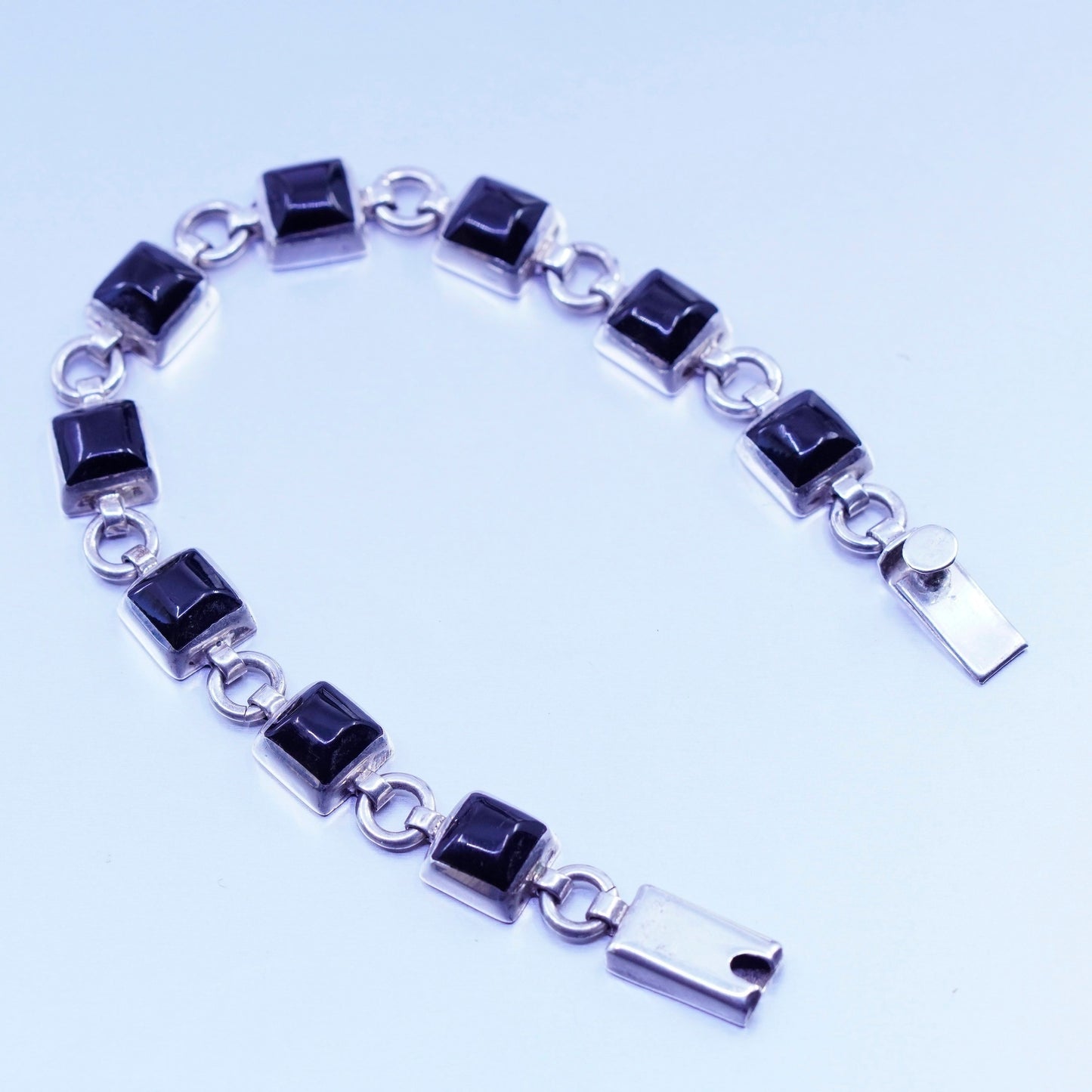 7.5”, vintage Sterling 925 silver handmade bold bracelet with obsidian beads