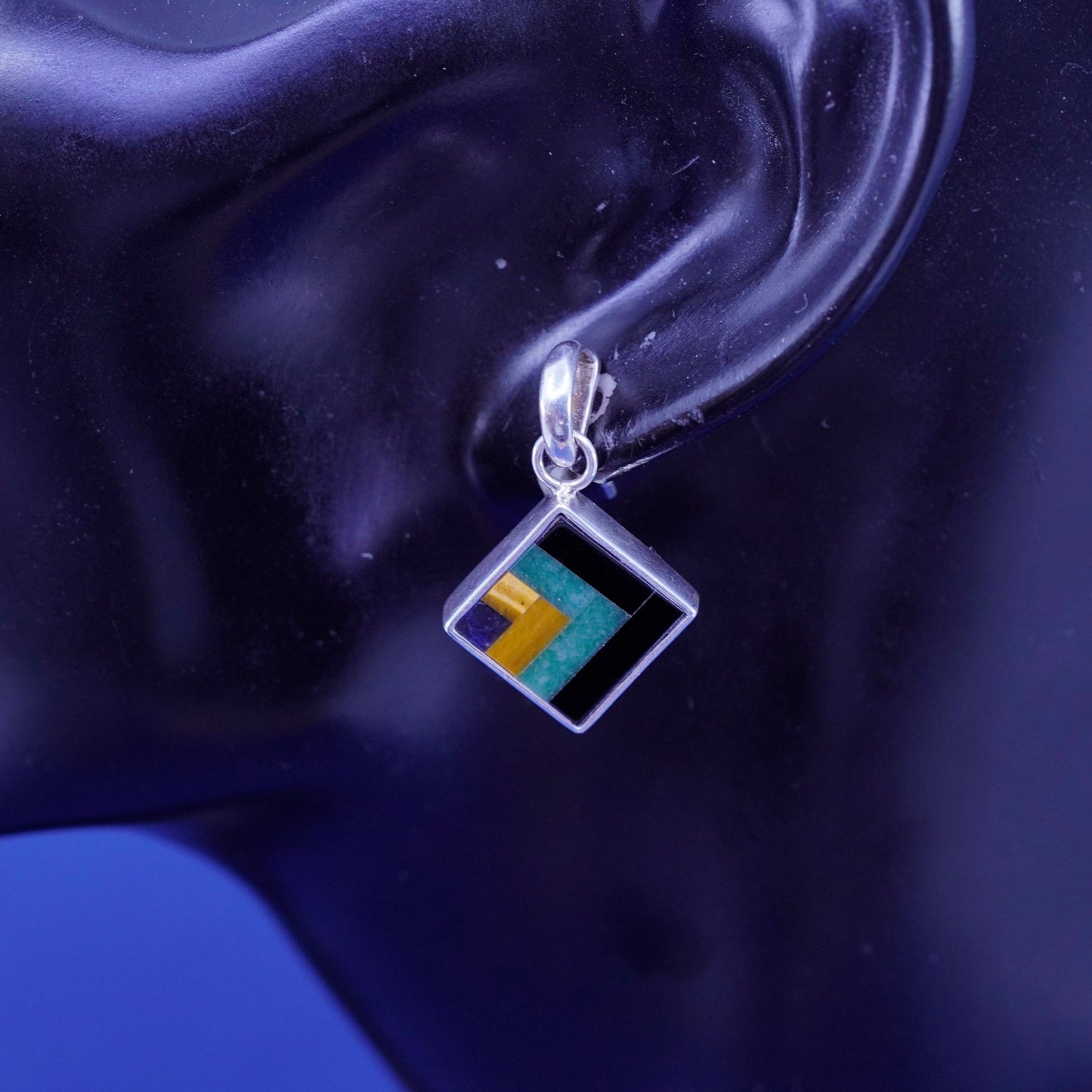 vtg sterling 925 silver handmade square earrings mother of pearl obsidian jade