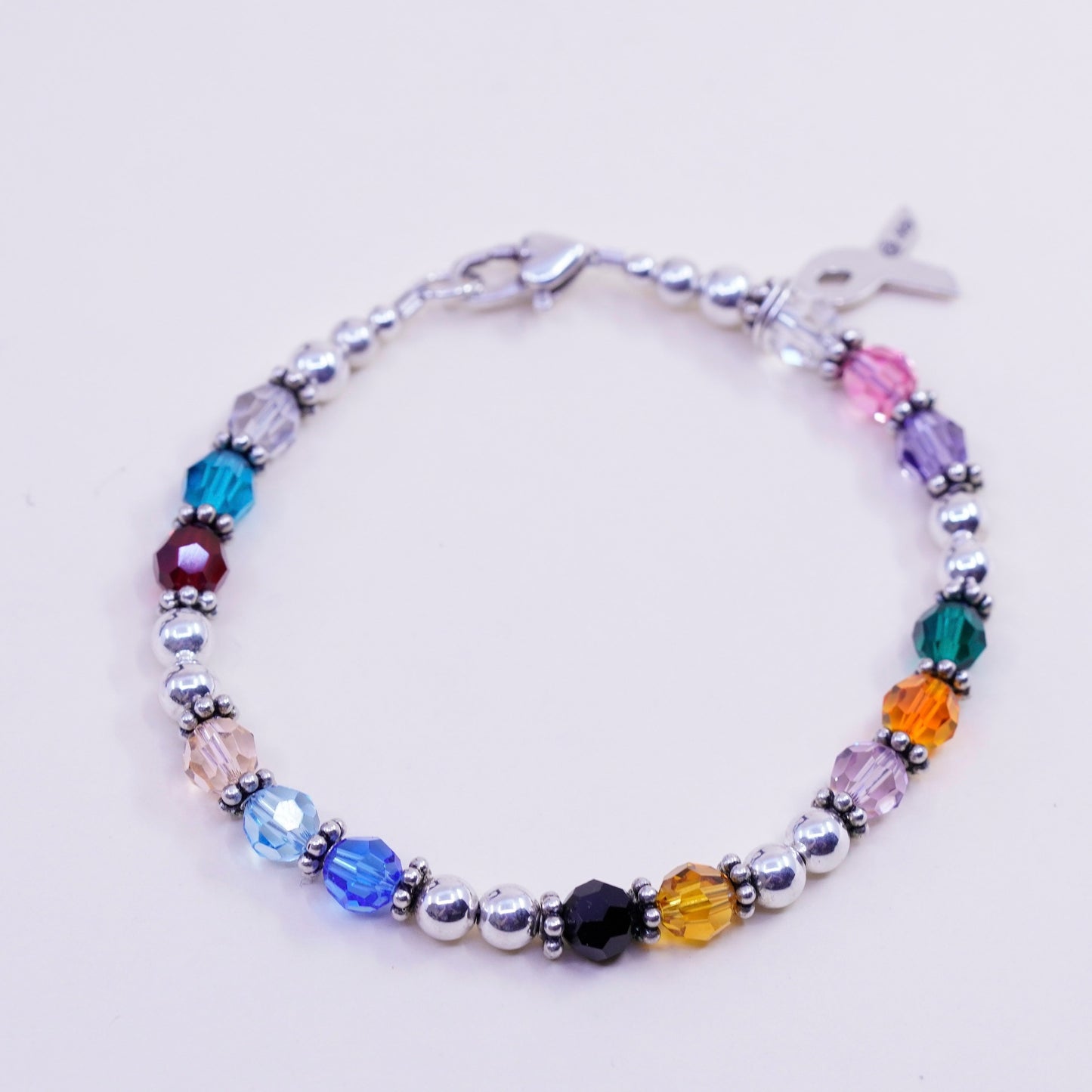 7”, Vintage sterling silver bracelet, 925 beads chain crystal ribbon bow charm