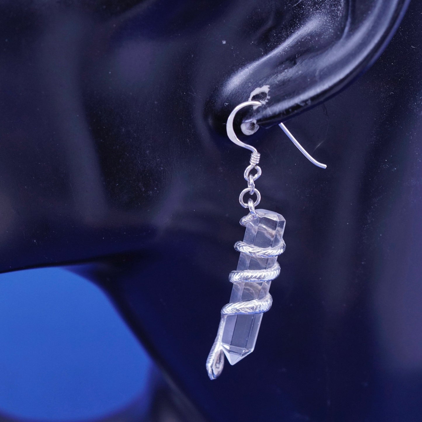 Vintage sterling 925 silver handmade earrings, clear healing crystal with snake