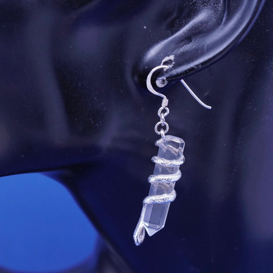 Vintage sterling 925 silver handmade earrings, clear healing crystal with snake