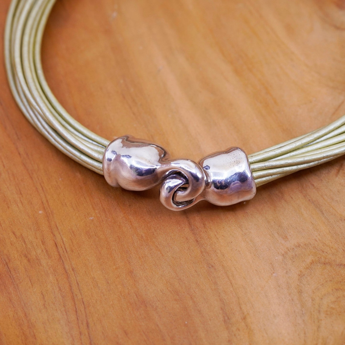 16”, Israel Sterling Silver Multi Strand golden Leather Necklace 925 Pendant