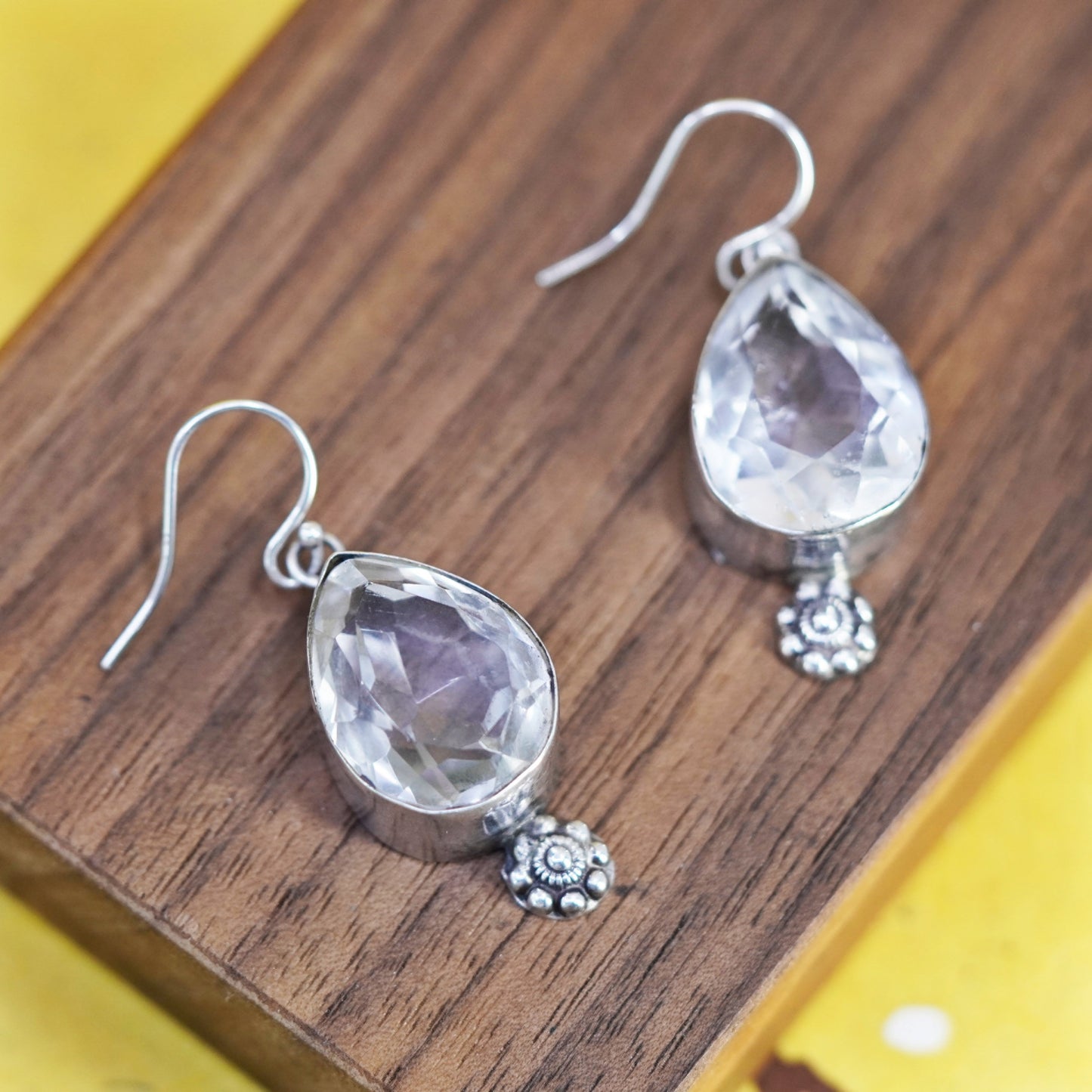 Vintage Sterling 925 silver handmade teardrop earrings with crystal
