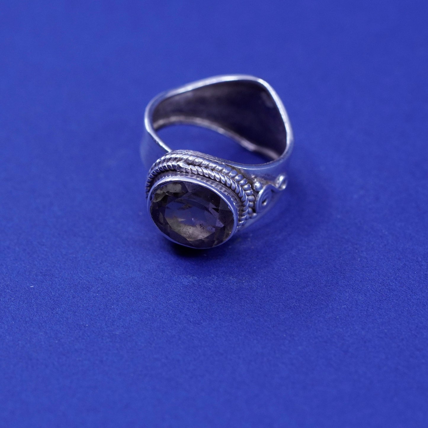 Size adjustable, vintage sterling 925 silver handmade ring with smoky topaz