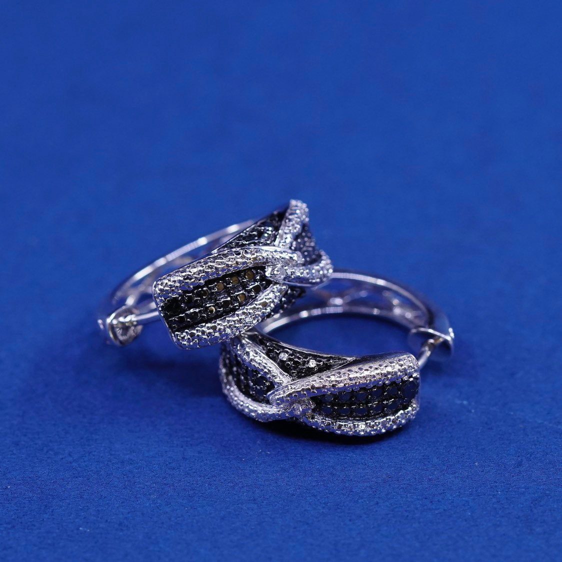 0.75”, vtg JWBR Sterling silver earrings, 925 hoops, huggie w/ diamond
