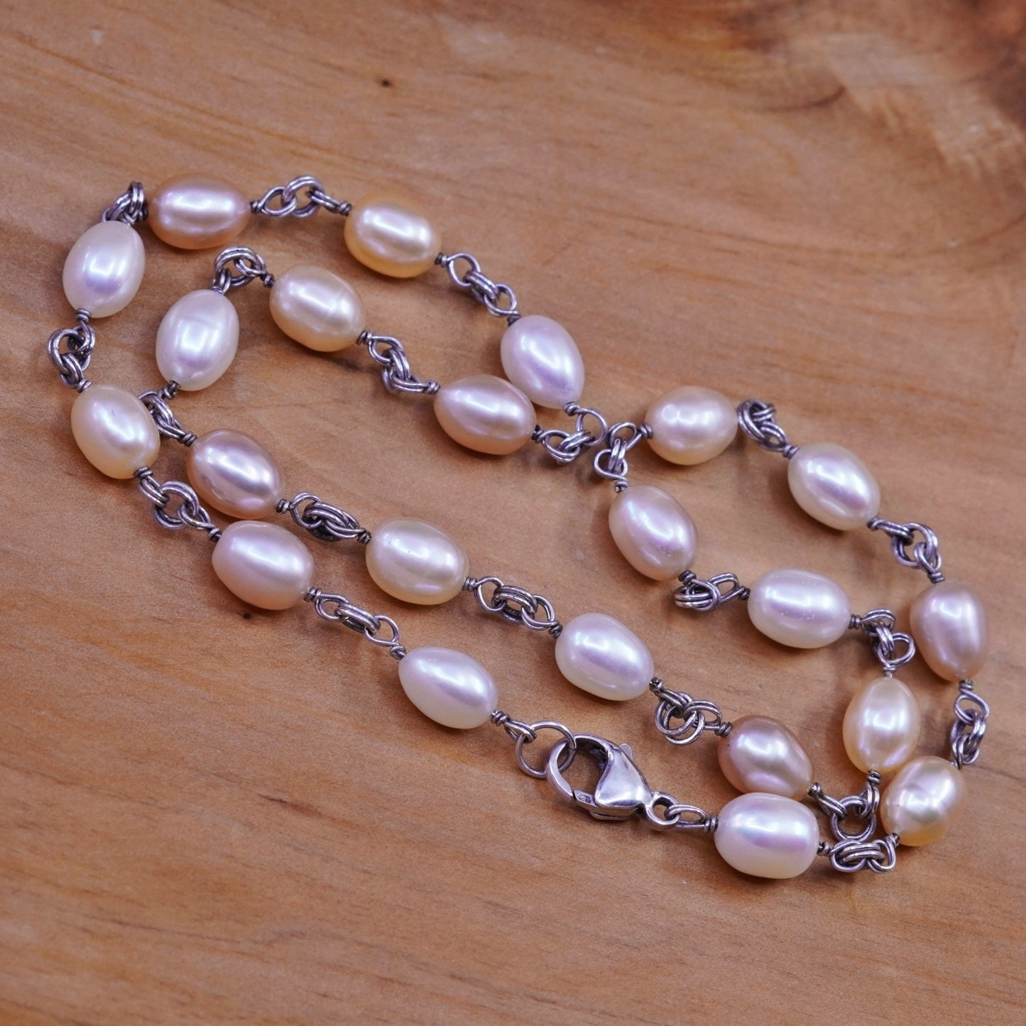 17”, vintage Sterling 925 silver handmade necklace with 6-8mm freshwater pearl
