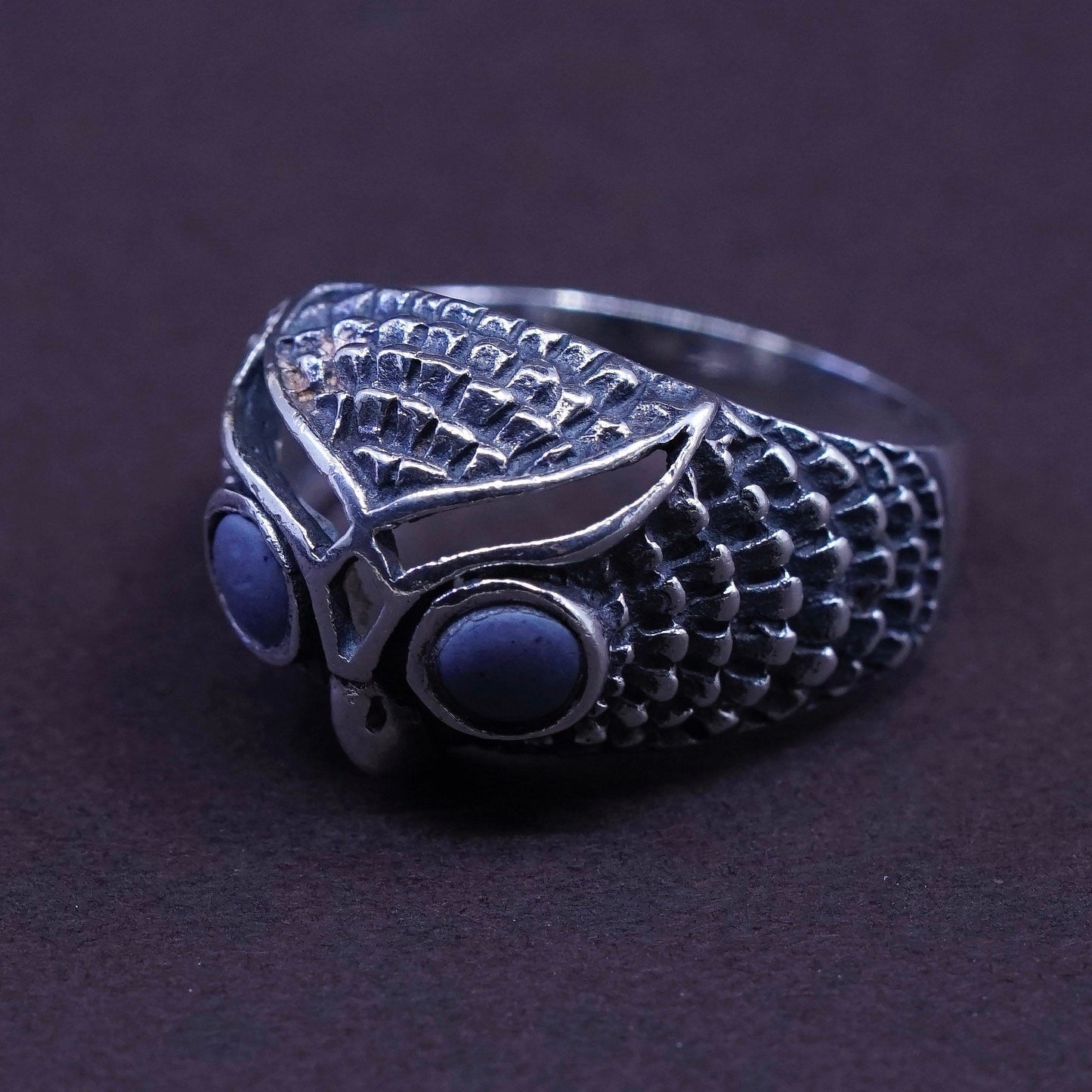 Size 7, vtg Sterling 925 silver handmade statement owl band ring with lapis