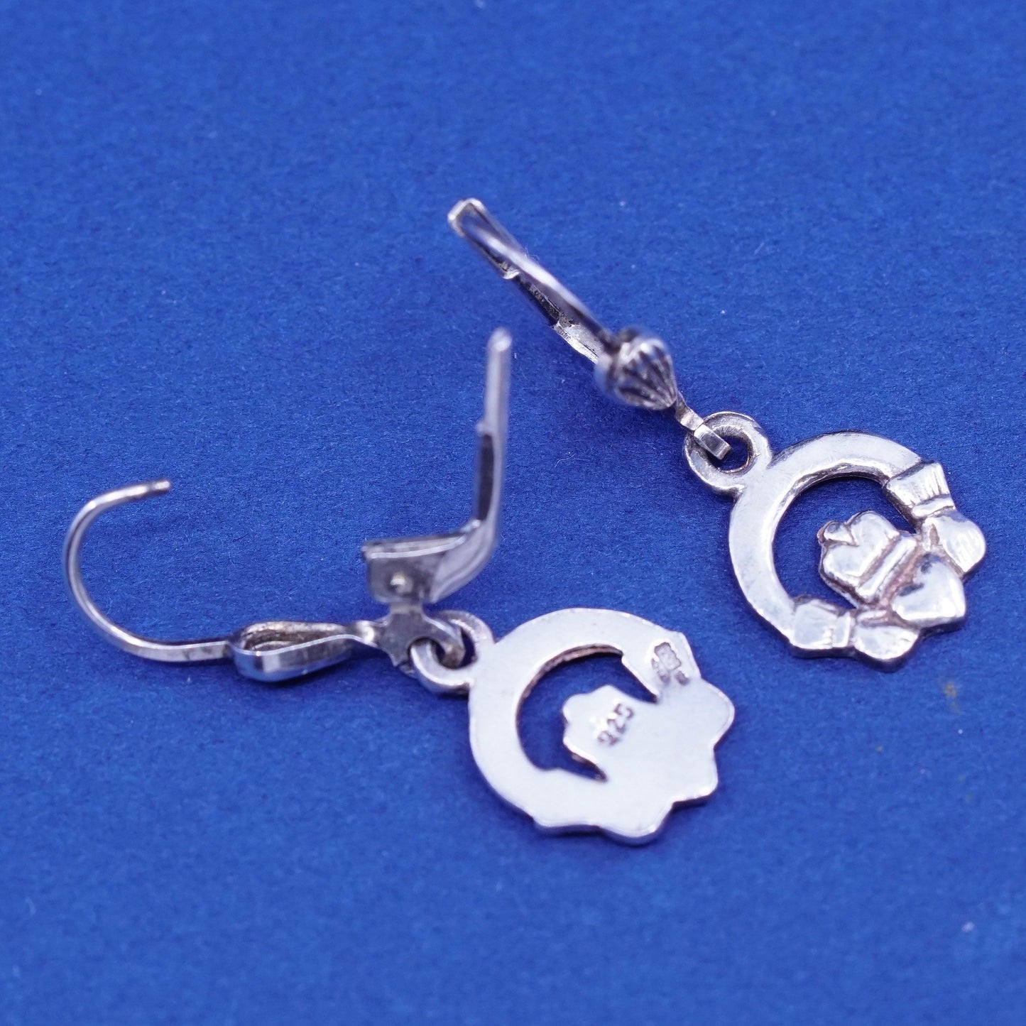 Vintage Sterling 925 silver handmade earrings, claddagh holding heart drops
