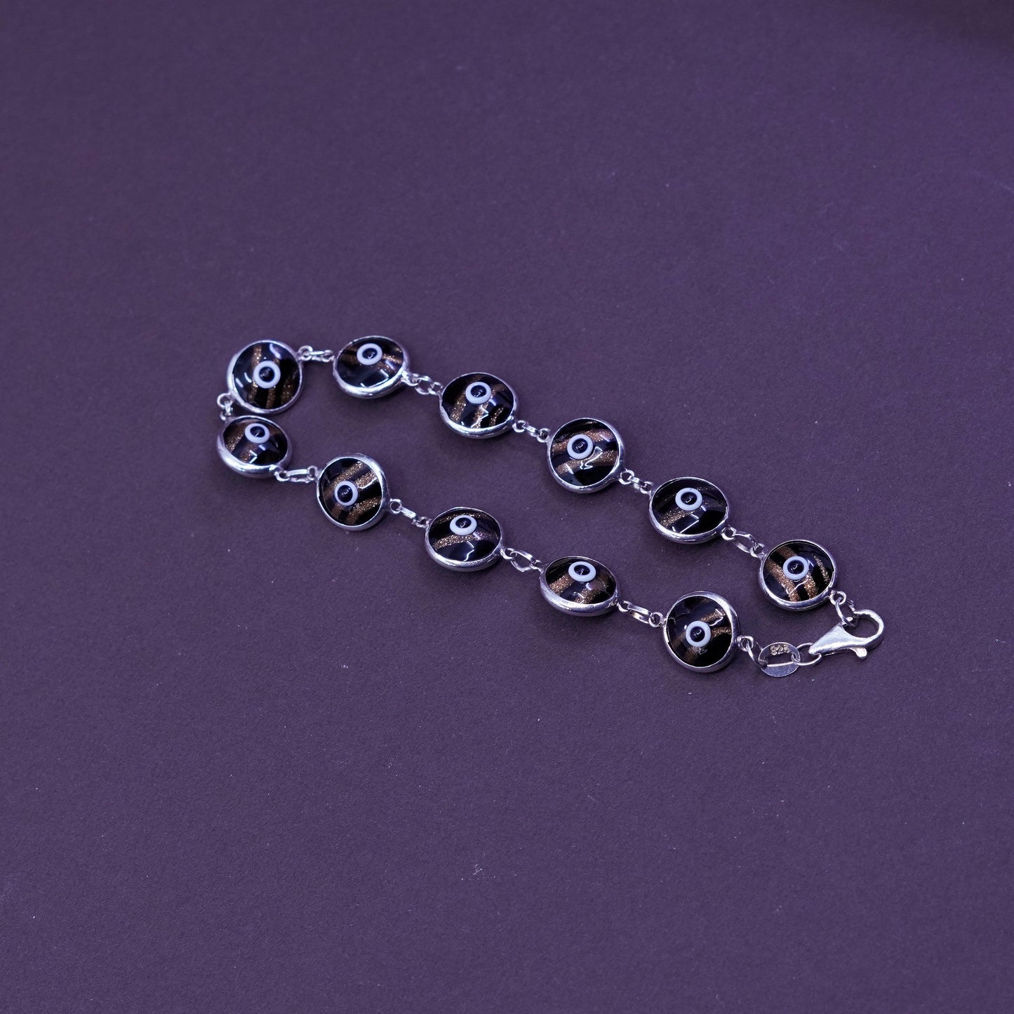 7”, vtg sterling 925 silver handmade bracelet w/ foiled glass evil eye bracelet