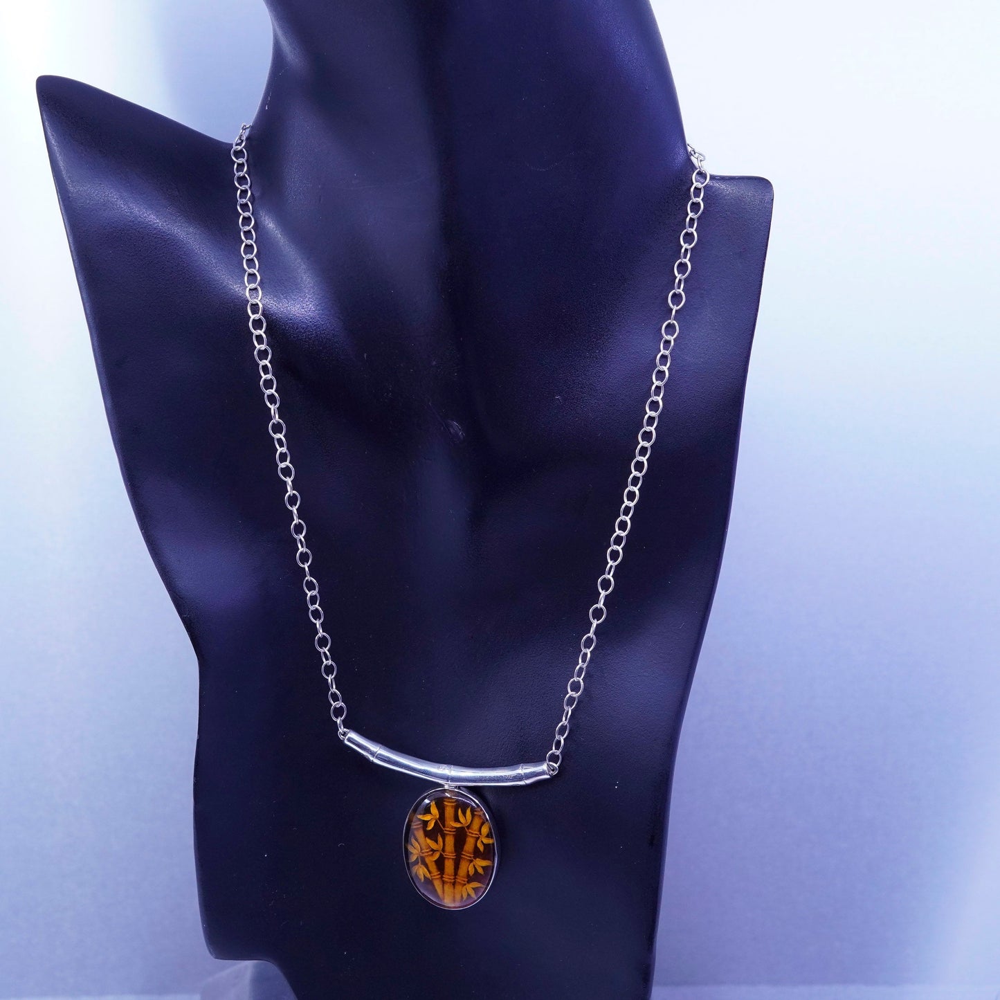 18”, ZIV sterling silver 925 necklace, circle chain carved bamboo amber pendant