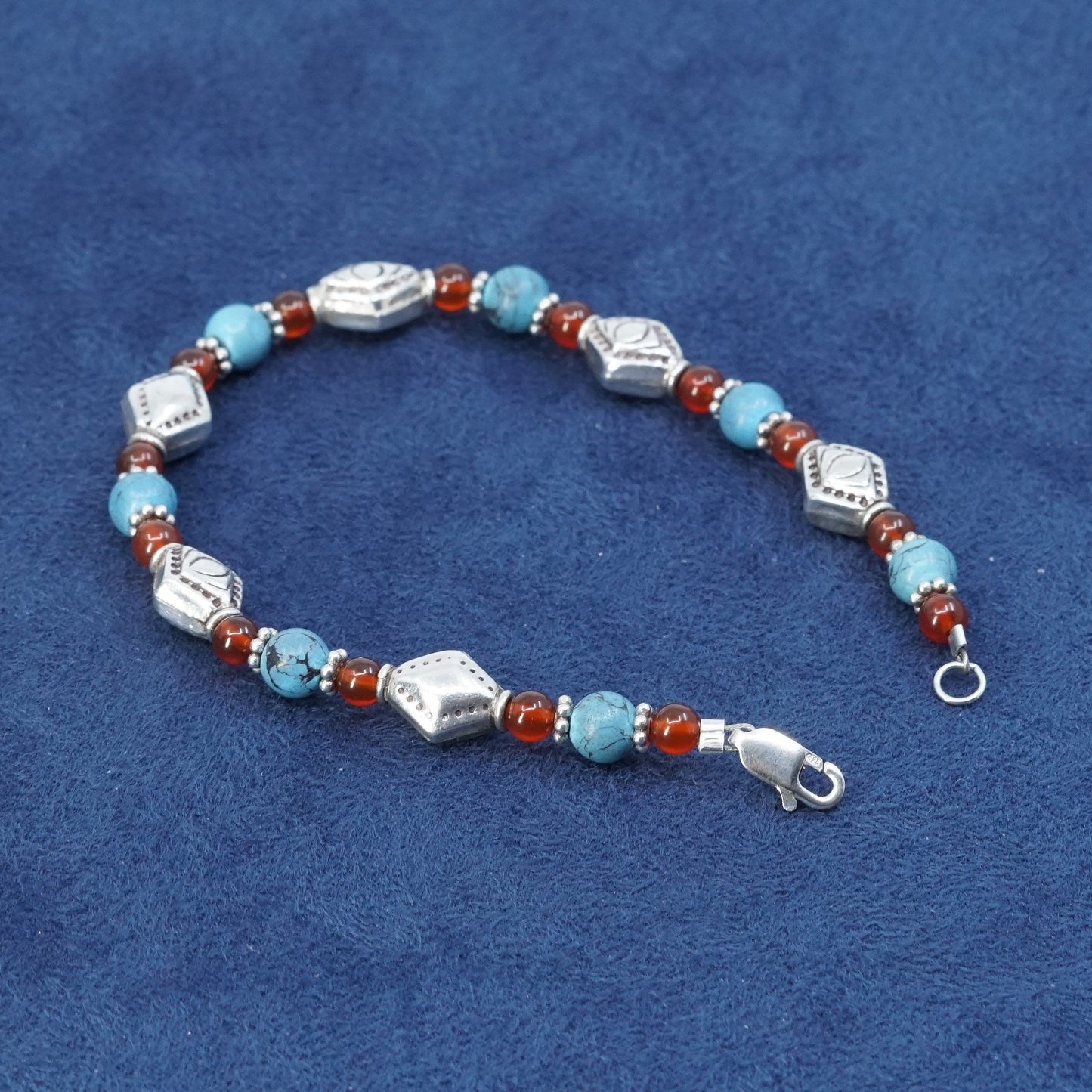 6.75”, vtg sterling silver handmade bracelet, 925 w/ turquoise N carnelian bead