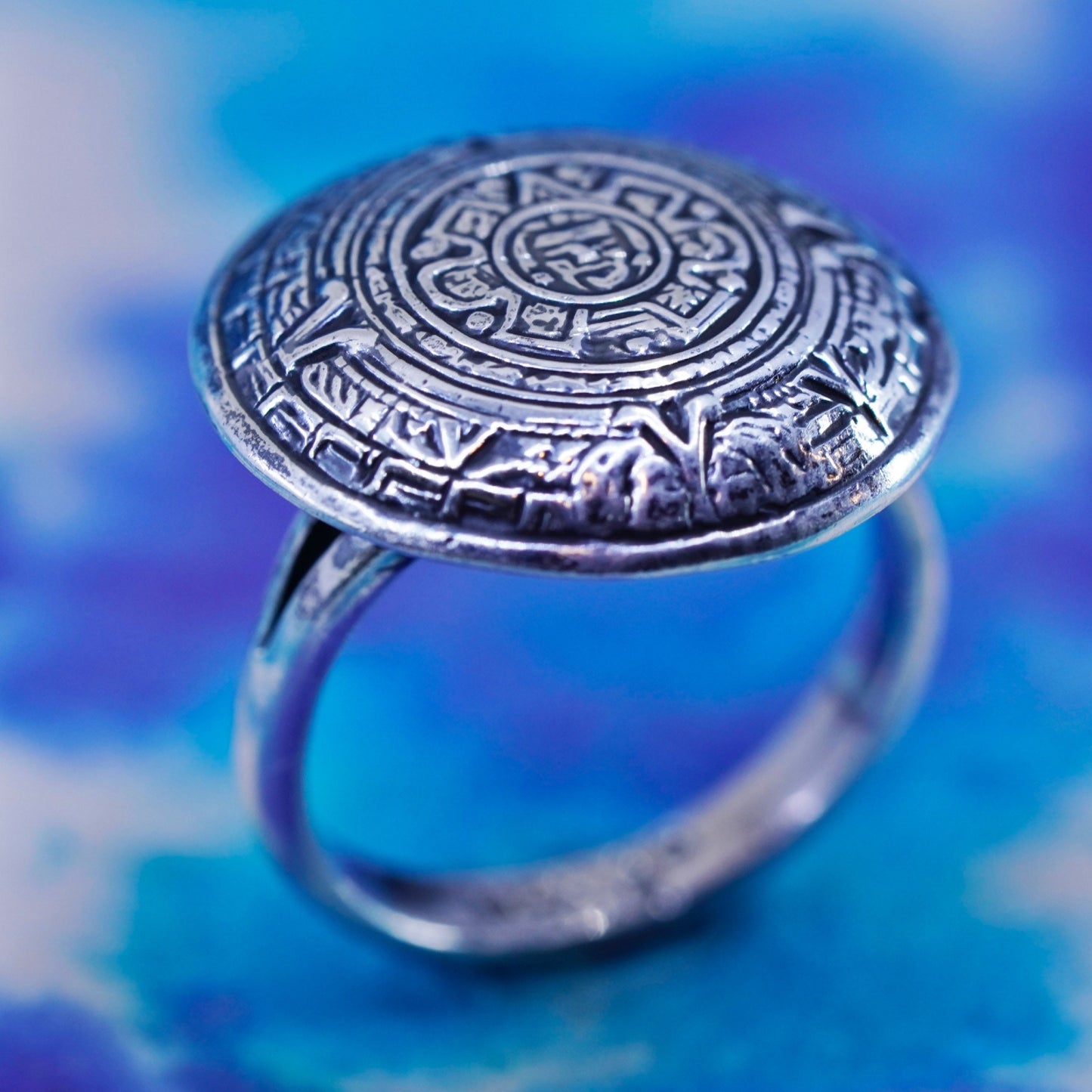 Size 6.5, vintage unique mexico Sterling silver ring, 925 mayan calendar band