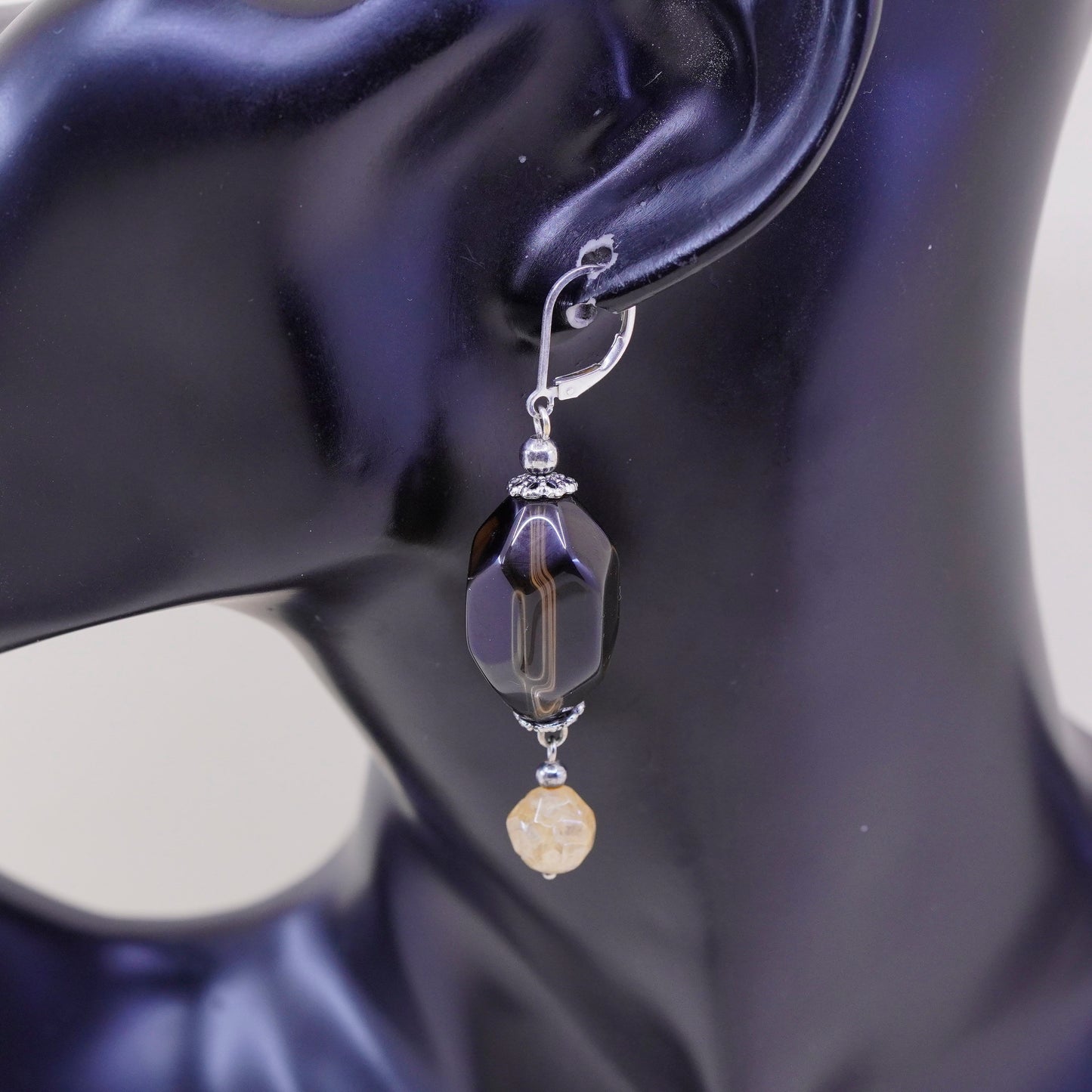 Vintage Sterling 925 silver handmade earrings with smoky topaz N citrine beads