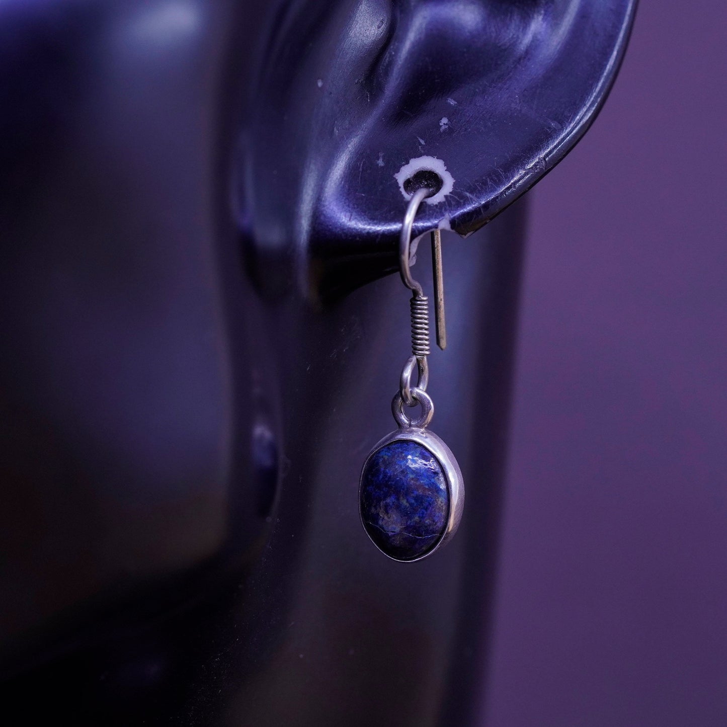 Vintage Sterling 970 silver handmade earrings with oval azurite
