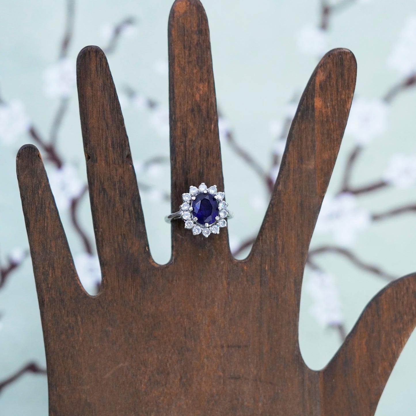 Size 6.25, vintage Sterling silver ring, 925 band with sapphire and cz