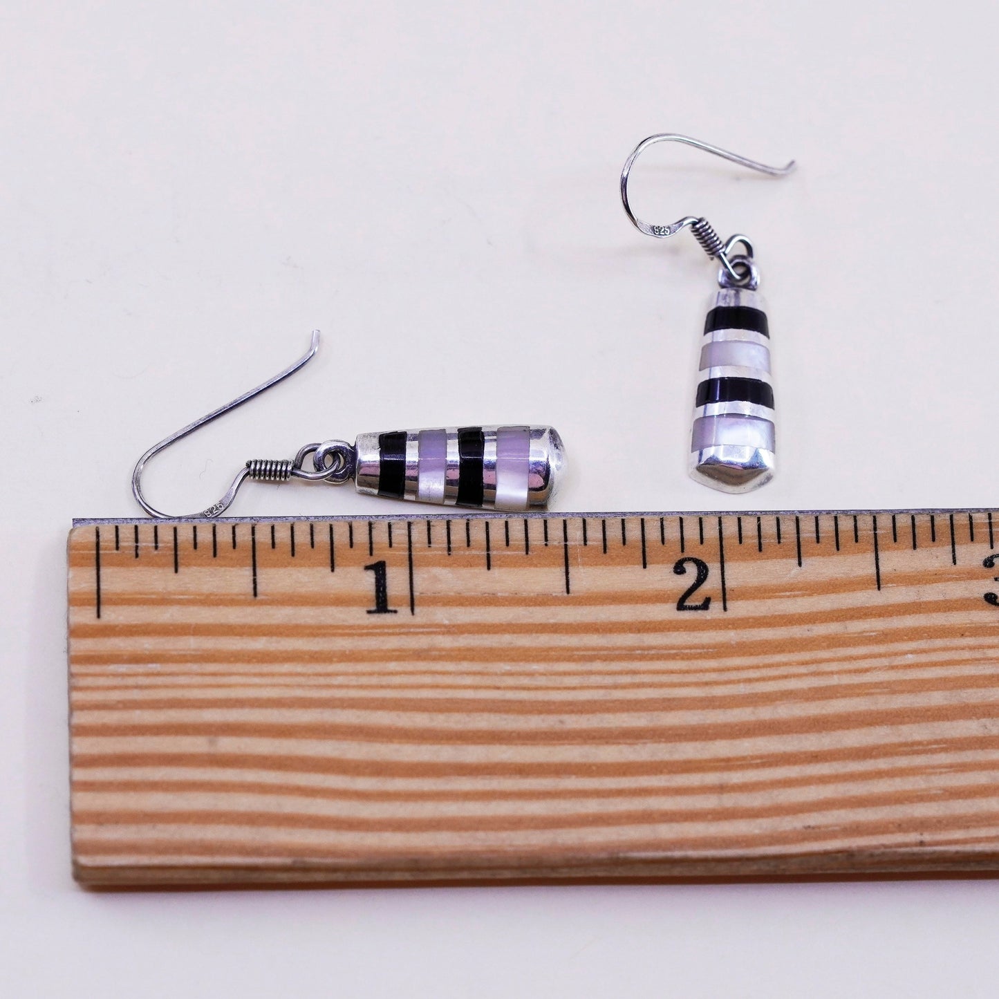 Vintage Sterling 925 silver handmade earrings with mother of pearl and obsidian