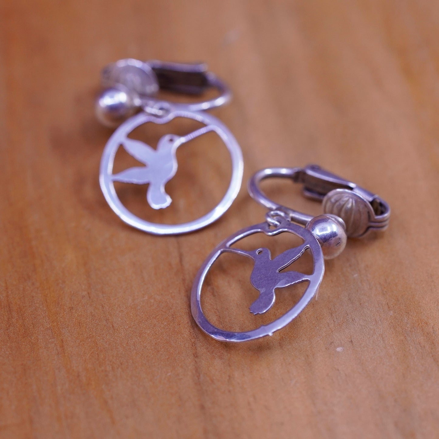 Vintage Sterling silver handmade clip on, 925 hummingbird bird earrings