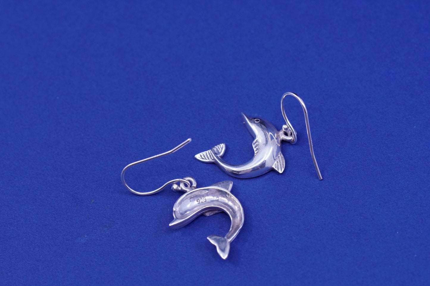 Vintage Sterling silver handmade earrings, 925 dolphin dangles