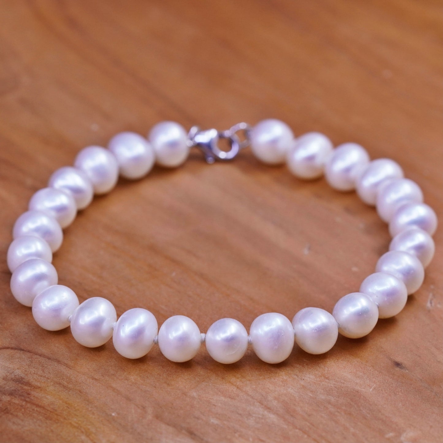 7”, vtg Sterling silver handmade bracelet, 7-8mm freshwater pearl beads chain