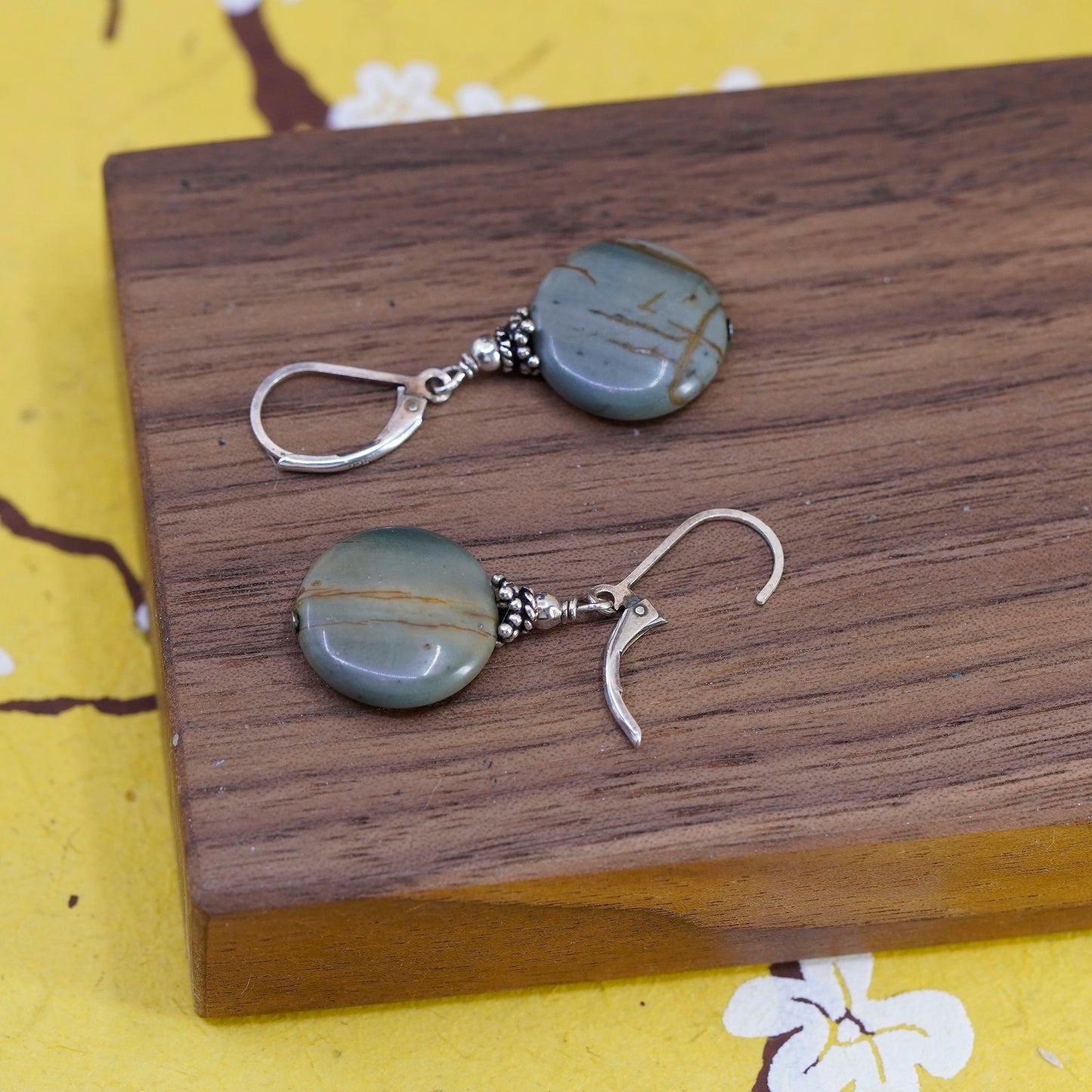 Vintage Sterling 925 silver handmade dangles with green jasper circle