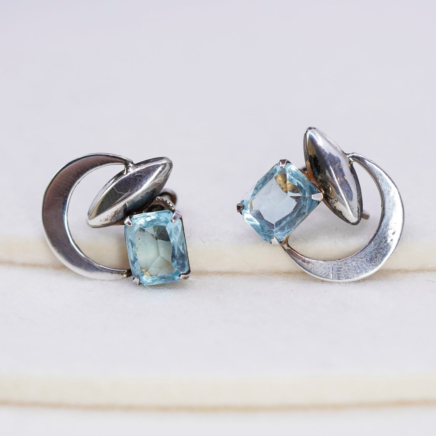 Vintage Sterling 925 silver handmade earrings, screw back moon blue rhinestone