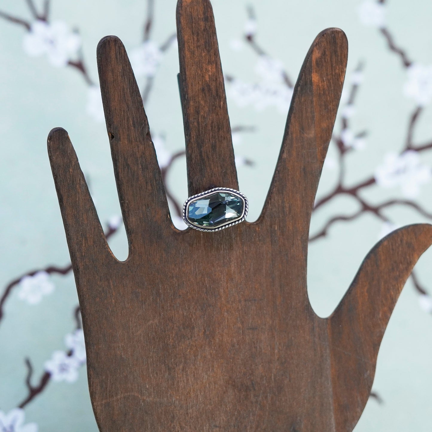 Size 7.25, Sterling 925 silver ring with Swarovski crystal with 14K gold trim