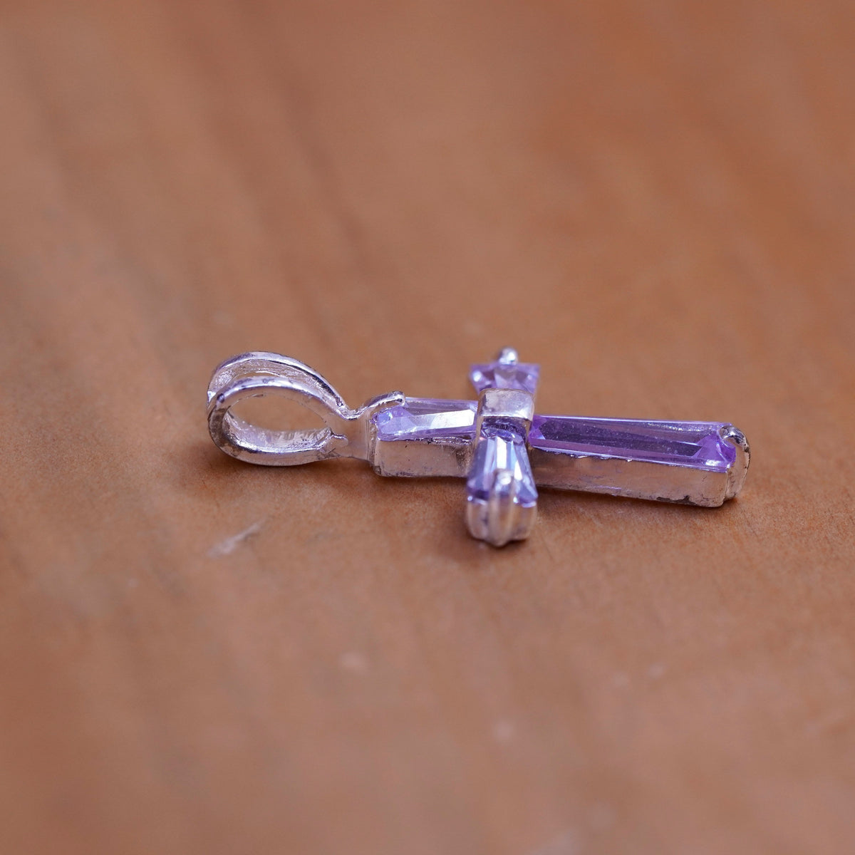 Vintage Sterling silver handmade pendant, 925 cross with Violet Cz inlay