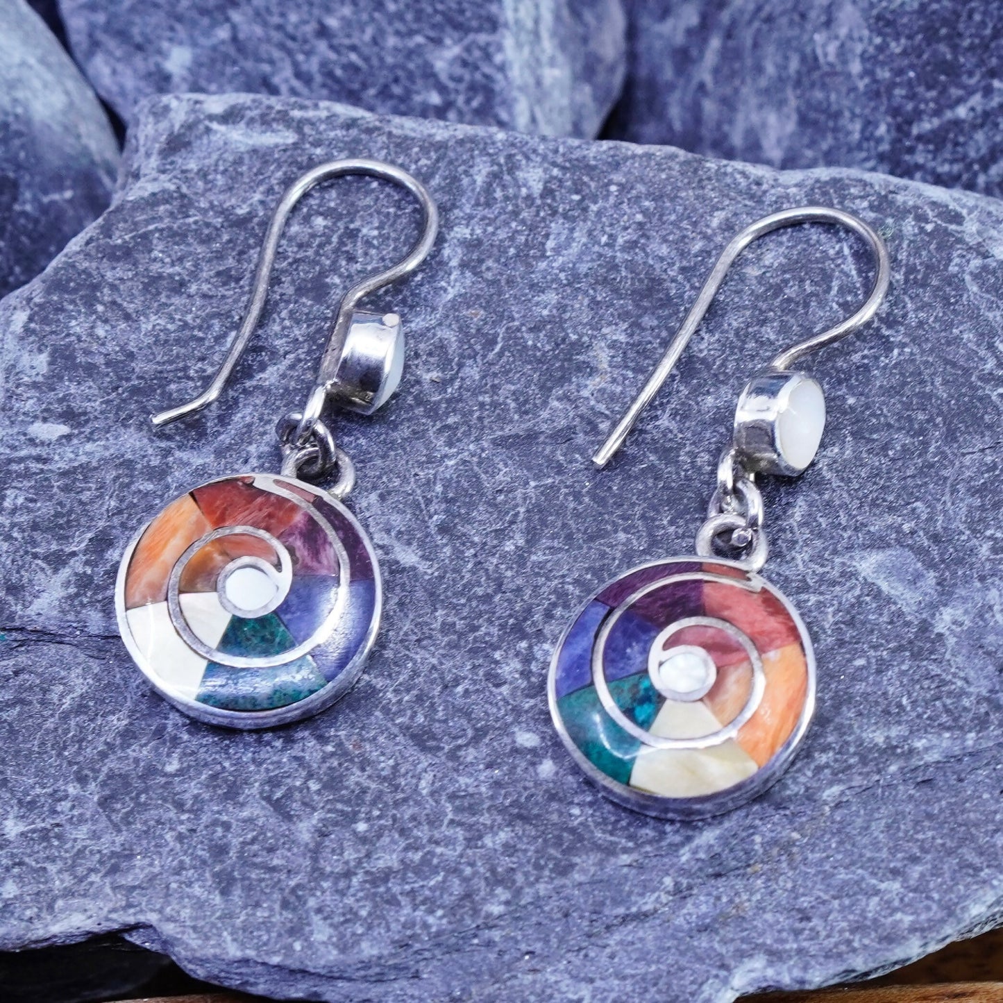 Sterling 950 silver earrings, Peruvian Inca silver turquoise, mother of pearl