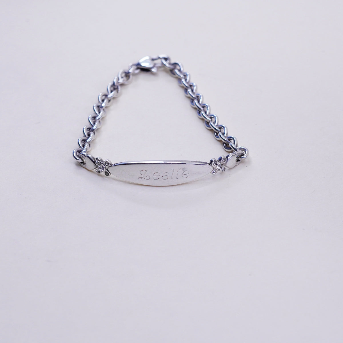 6.5”, vtg sterling silver bracelet, 925 circle chain with name “Leslie” bar tag