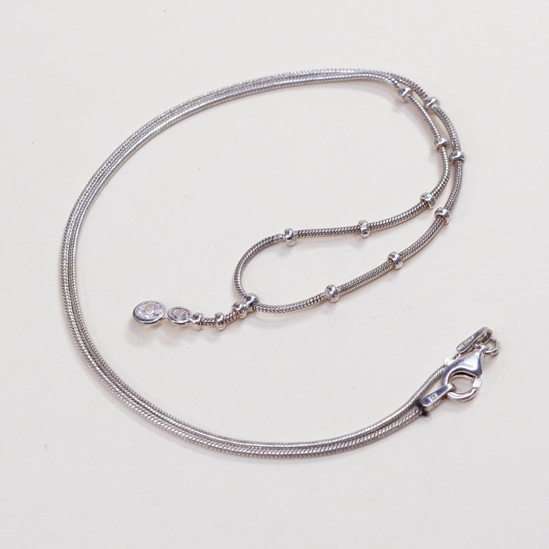 16", 1mm, vtg Sterling silver necklace, Italy 925 snake chain w/ Cz pendant