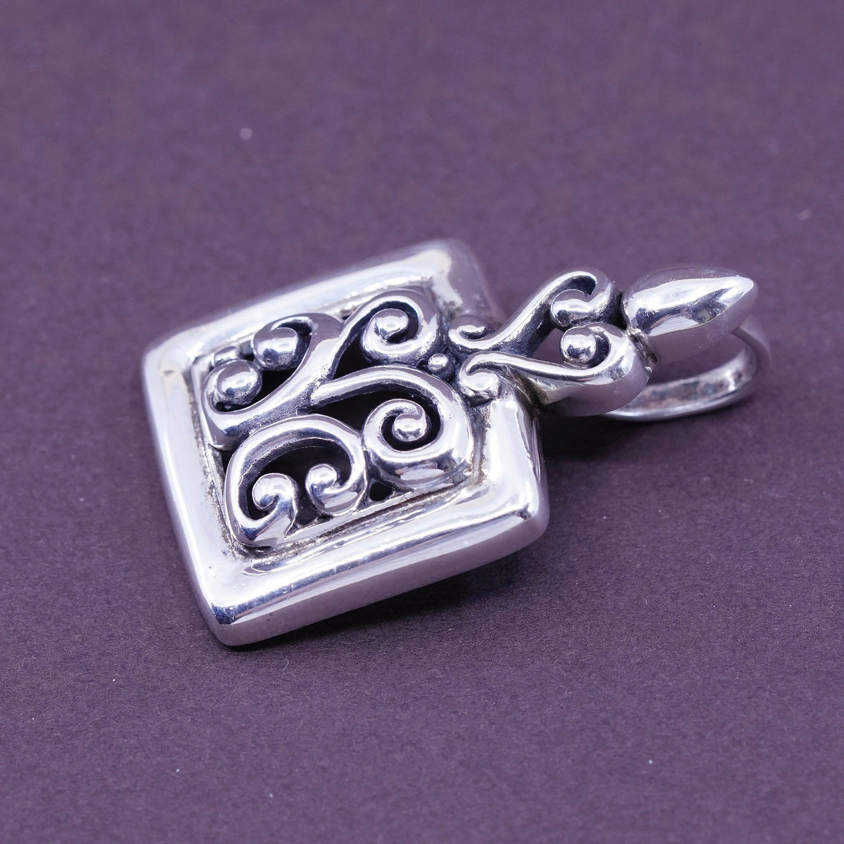 Vintage Sterling silver handmade pendant, 925 square with Bali filigree