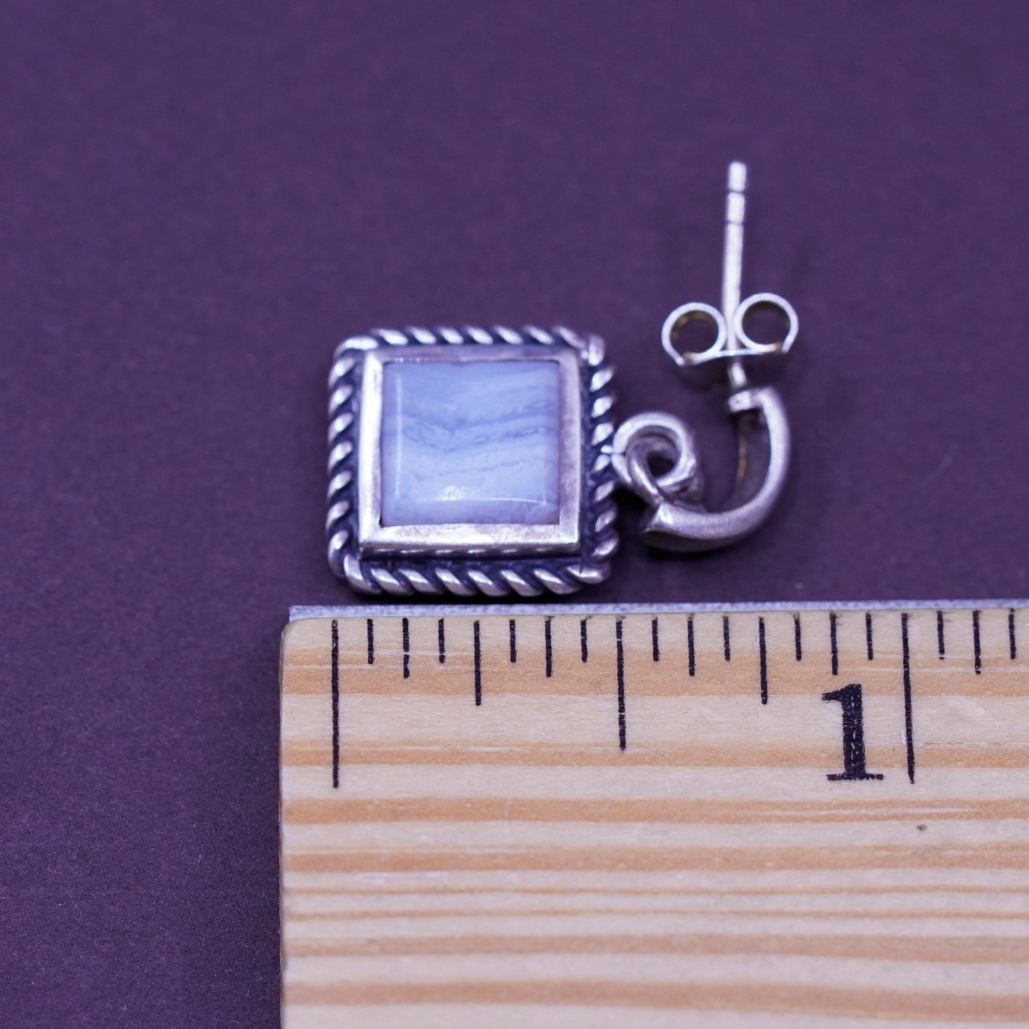 Vintage Sterling silver handmade earrings, 925 Huggie studs lace agate cable