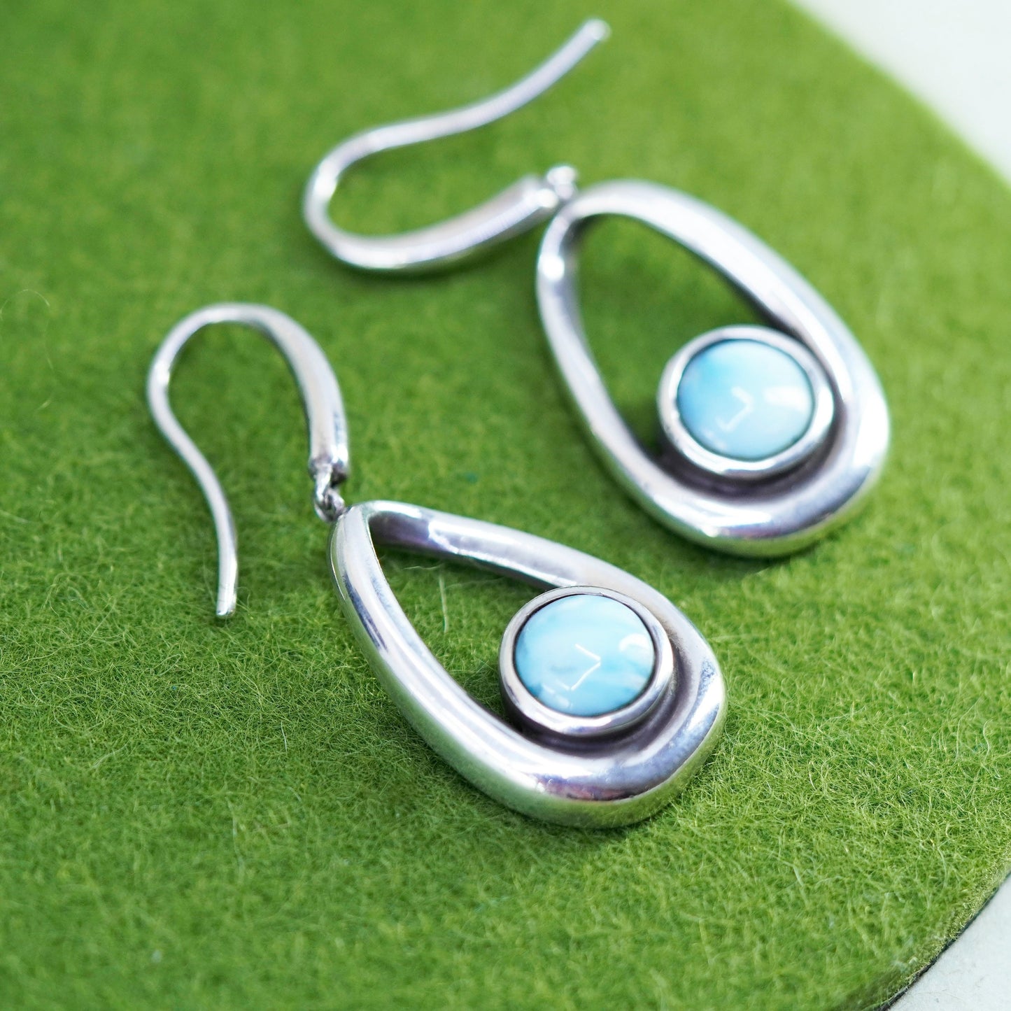 Vintage Sterling silver handmade earrings, 925 teardrop with Larimar