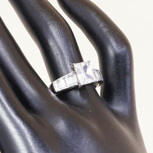 Sz 7.5, Vtg Sterling Silver Ring, 925 Silver Engagement Ring W/ Crystal