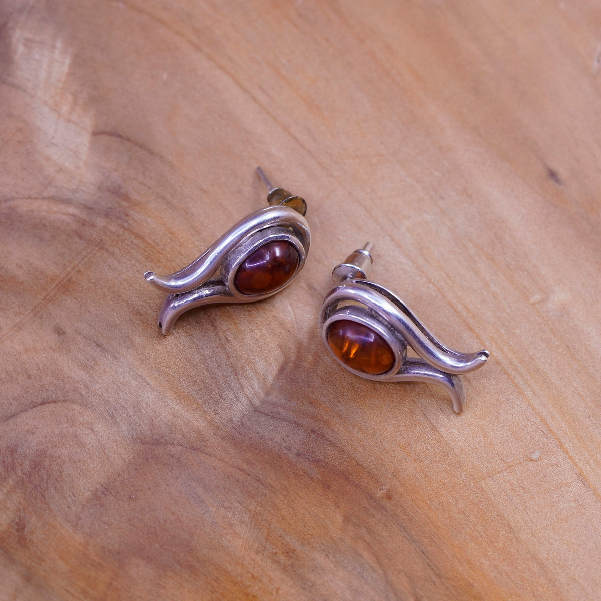 Vintage Sterling Silver Handmade earrings, 925 studs with amber, modernist