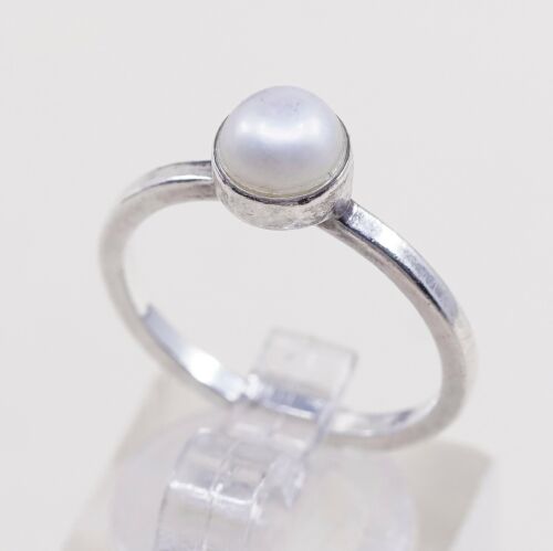 Sz 7, Vtg Sterling 925 Silver Handmade Ring W/ Freshwater Pearl, Simple Elegant