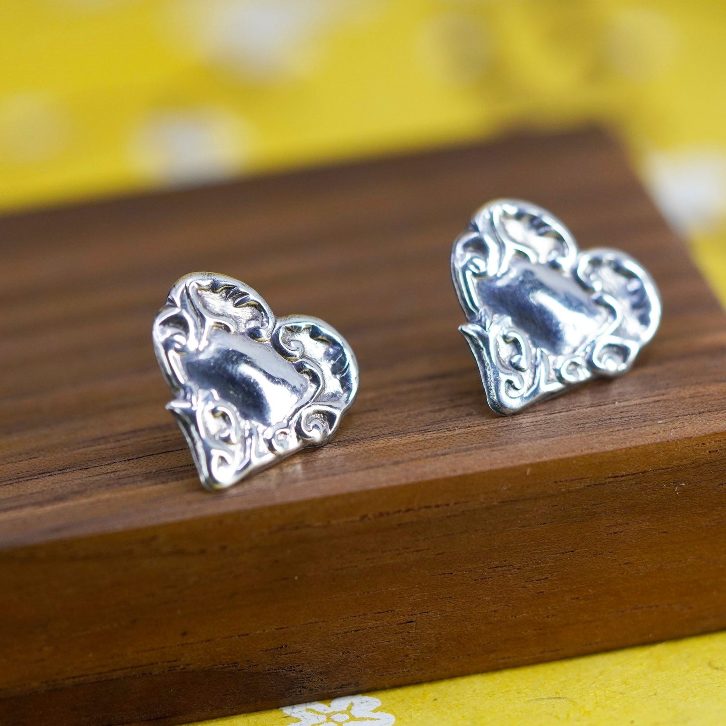 Vintage Sterling silver handmade earrings, textured 925 heart studs