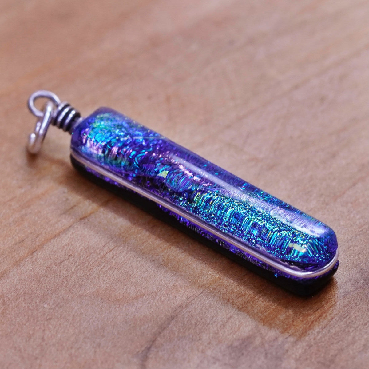 Vintage Sterling 925 silver handmade pendant with long blue foil glass