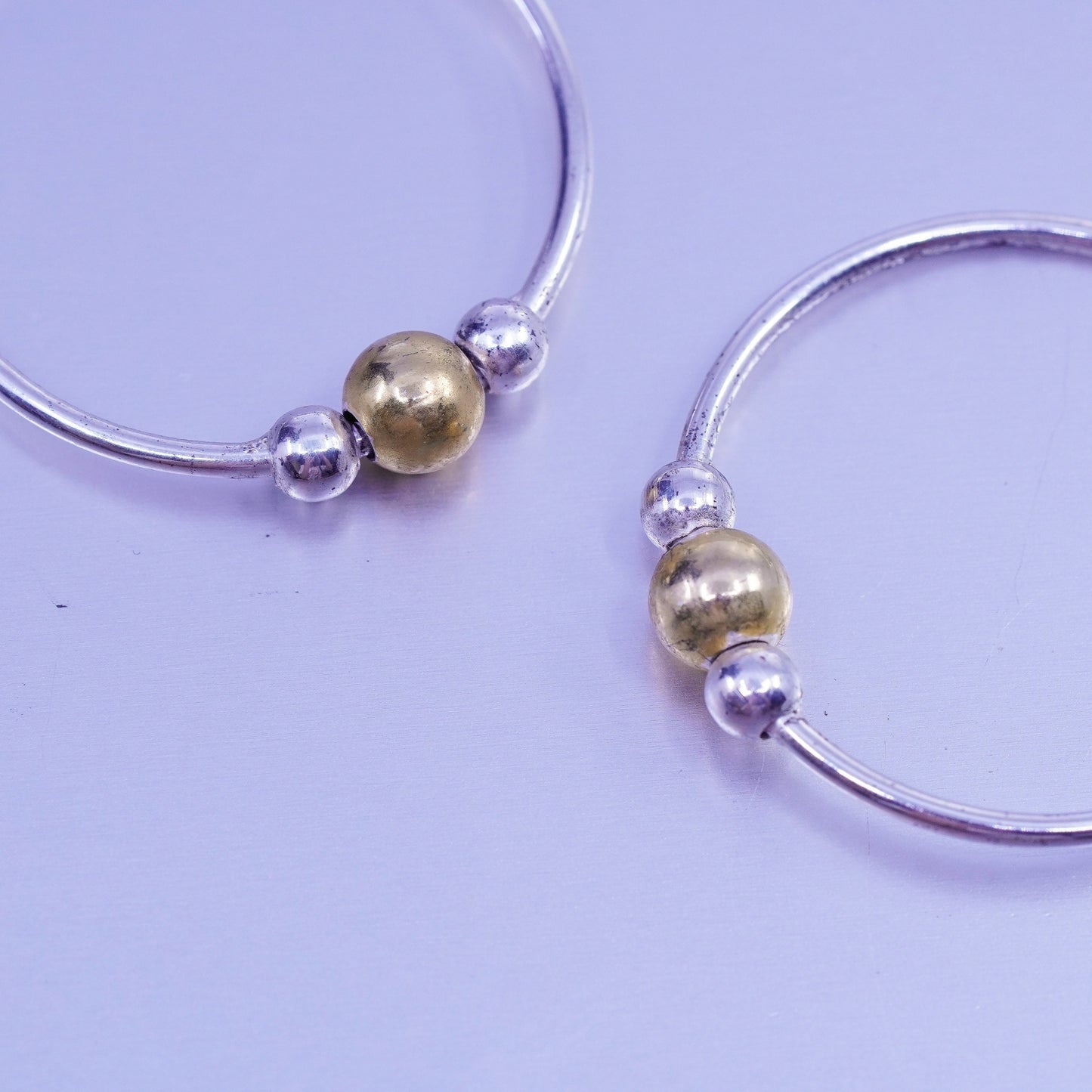 1.25”, VTG Italy two tone Sterling silver handmade earrings, 925 hoops beads