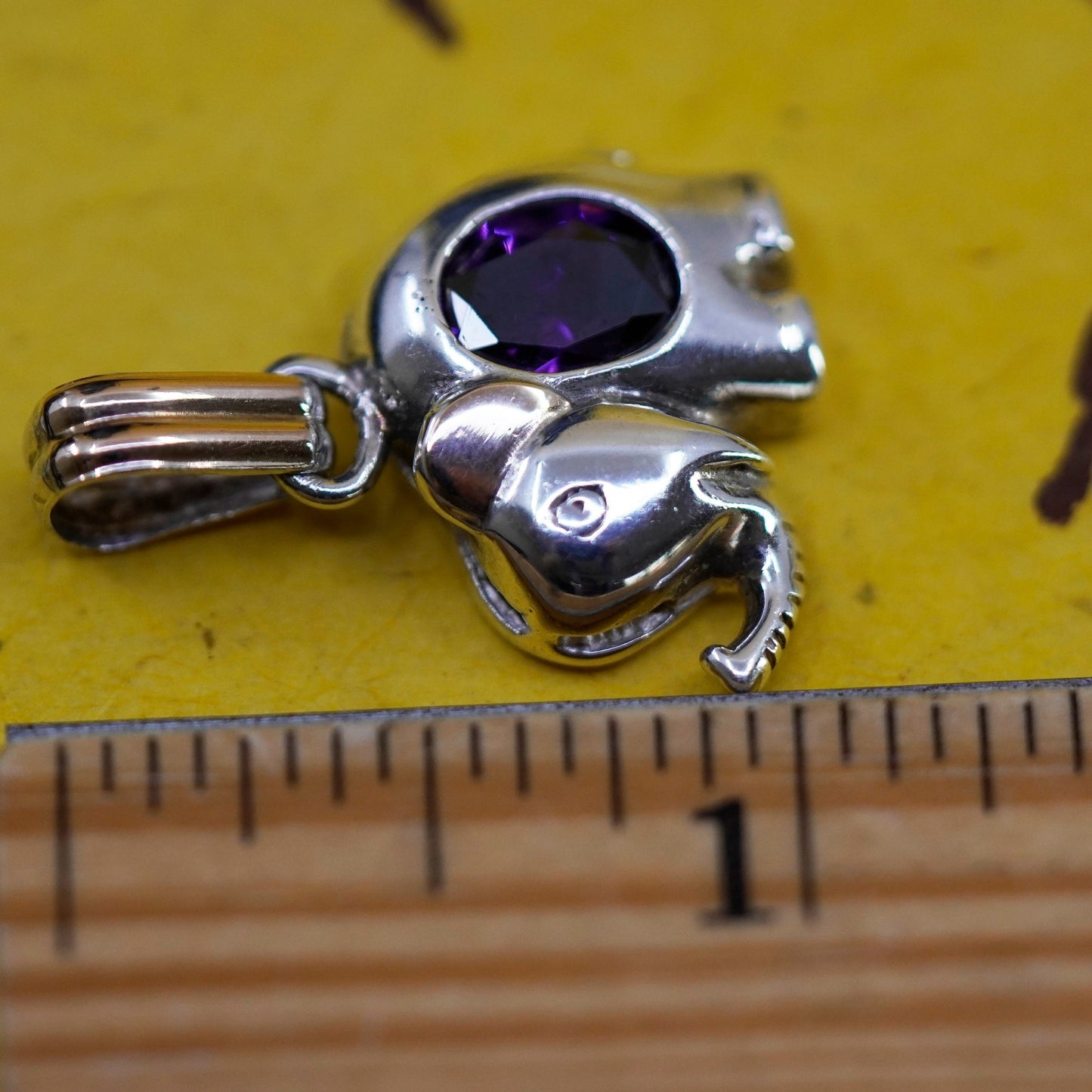 Vintage Sterling 925 silver elephant pendant with amethyst, 12K rose gold ear