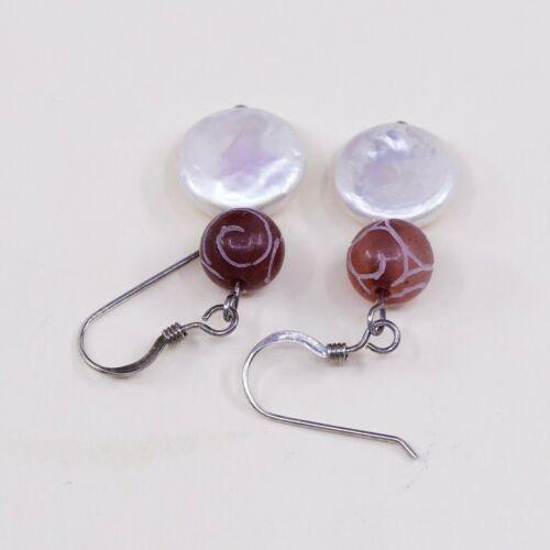 Vintage Southwestern handmade Sterling Silver Pearl Earrings w/ Orange Beads